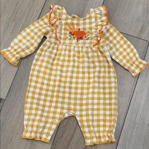 Baby Essentials Yellow Checkered Romper with Pumpkin Design